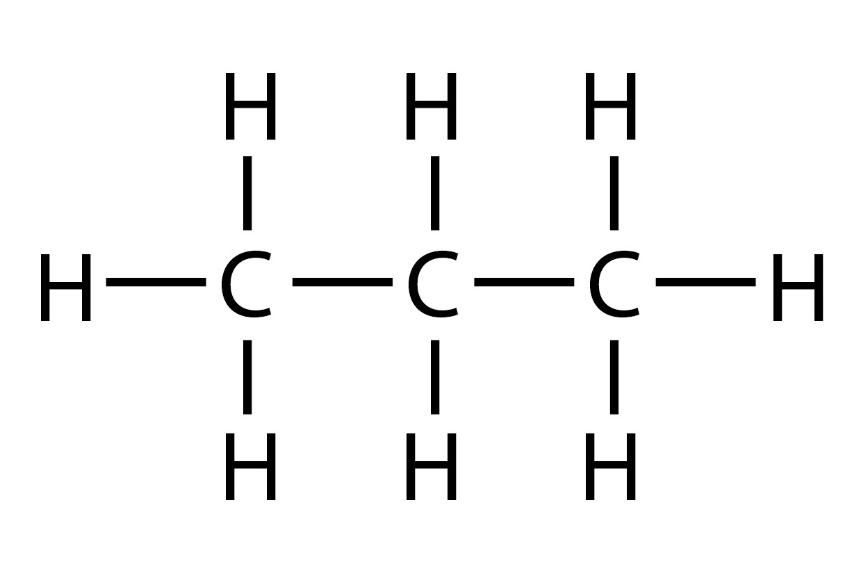 Fotografija prikazuje strukturnu formulu propana. U sredini su tri slova C koja su međusobno povezana crticom koja predstavlja jednostruku vezu. Pored prvog i zadnjeg slova C je slovo H koje predstavlja vodik. Isto tako, ispod i iznad svakog slova C je po jedno slovo H. Sva slova međusobno su povezana crticom koja predstavlja jednostruku vezu.