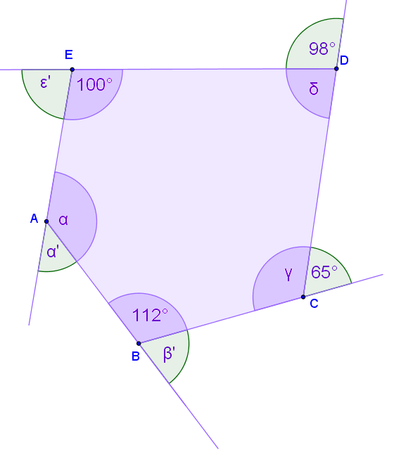 Slika prikazuje peterokut kojemu su istaknuti unutarnji i vanjski kutovi. Veličine nekih od njih su nepoznate.